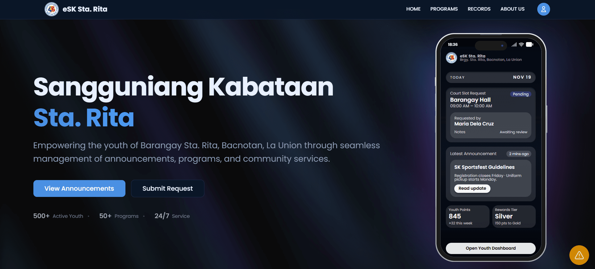 The eSK Sta. Rita youth portal home page, showing announcements and programs.